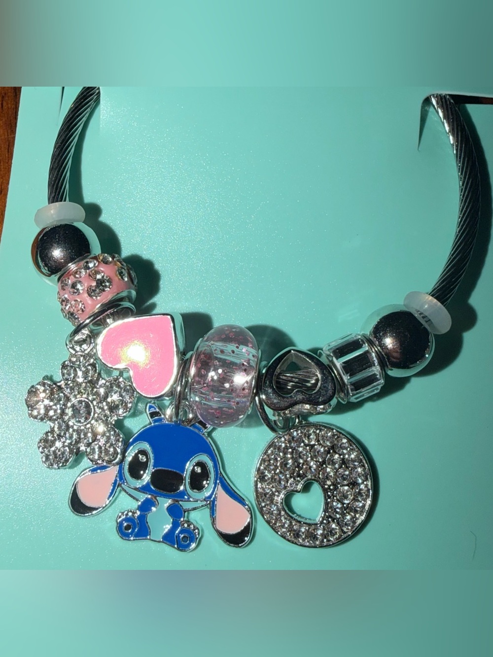 Disney Blue Stitch Charm Bracelet with Pink Accents
